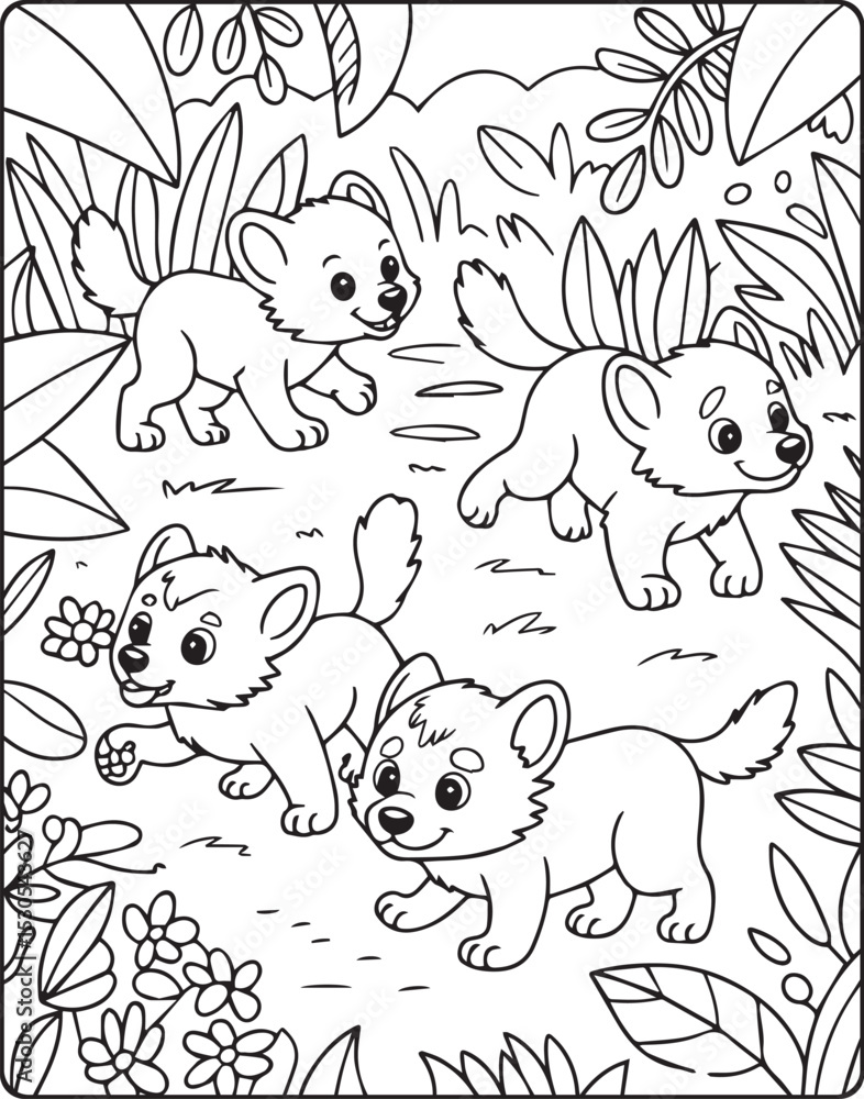 Fototapeta premium Baby wolfs playing together in forest natural scenery black vector outline illustration for children coloring page design