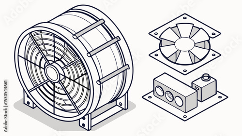 Illustration of a large industrial fan with a protective cage alongside electrical components in isometric view