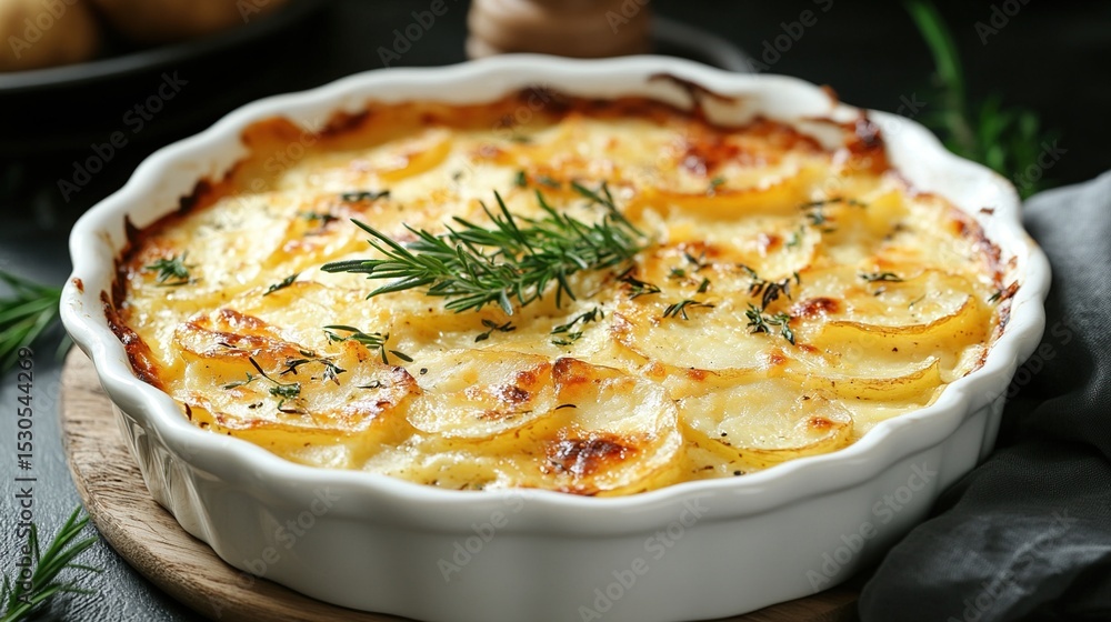 A white ceramic baking dish filled with a creamy potato gratin topped with rosemary sprigs and thyme leaves A white ceramic baking dish filled with a creamy potato gratin topped with rosemary sprigs and thyme leaves