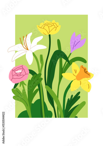 Flower poster. Floral blossoms mix, summer card design. Gorgeous delicate gentle spring blooms, leaves, garden bouquet in frame, vertical background. Botanical floristic flat vector illustration