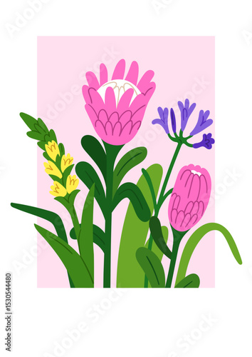 Floral card with garden flowers in frame. Spring and summer blossoms, botanical poster design. Gorgeous gentle blooms, bouquet with protea, vertical floristic background. Flat vector illustration