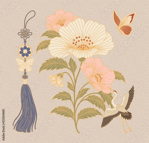 Peony, Crane, Butterfly, and Norigae in Traditional East Asian Illustration Style