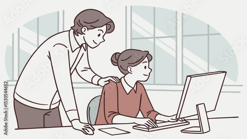 Man putting his hand on a woman's shoulder as she works at a computer in an office near a window pane
