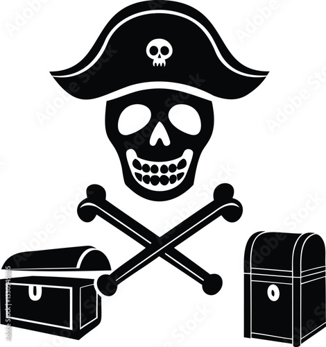 Black and White Vector Illustration of Pirate Theme with Skull, Crossbones, and Treasure Chests