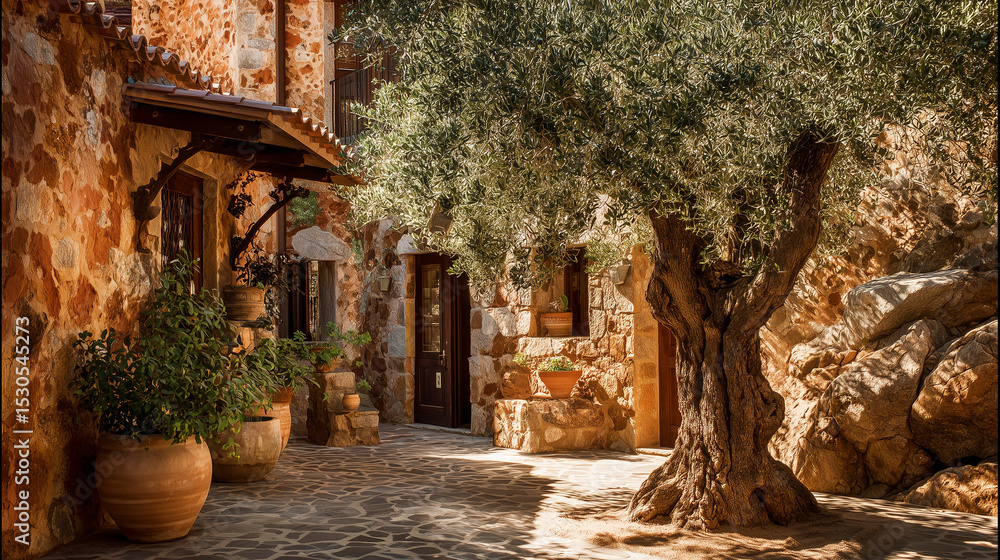 Obraz premium Mediterranean courtyard in rustic style with olive tree and stone house. Tranquil and authentic southern European atmosphere.