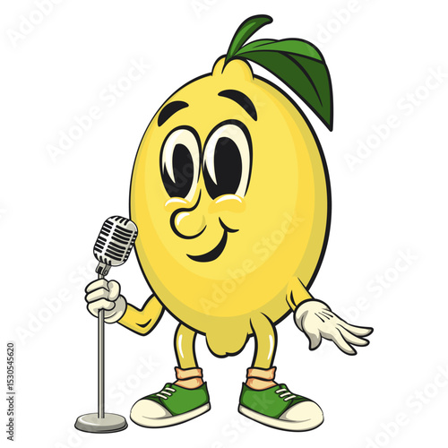 cute lemon mascot cartoon on front of the mic become a stand up comedian, fun citrus character vector for summer, work of hand drawn