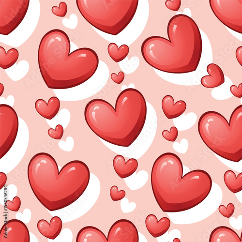 Seamless pattern cartoon of small and large bright red hearts were scattered everywhere. It is a pattern full of hot love. Pattern design for wrapping paper, wallpaper and fashion prints.