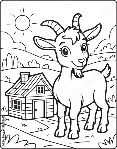 Cute goat standing in front of farm house in natural scene line art vector illustration coloring page for kids