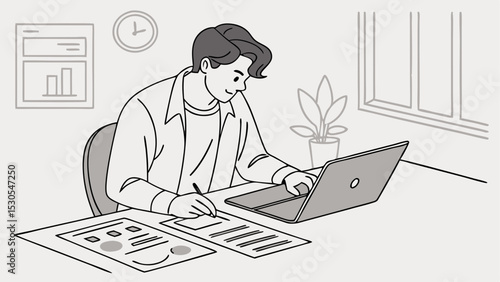 A man working at a desk with a laptop, papers, and a pen in a room with a plant and a window scene