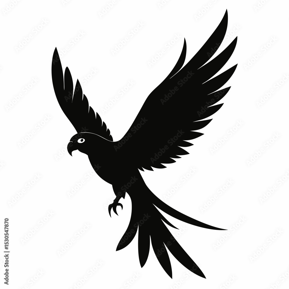 Fototapeta premium Flying parrot silhouette illustration on a white background featuring a simple design of a bird in flight isolated and clean