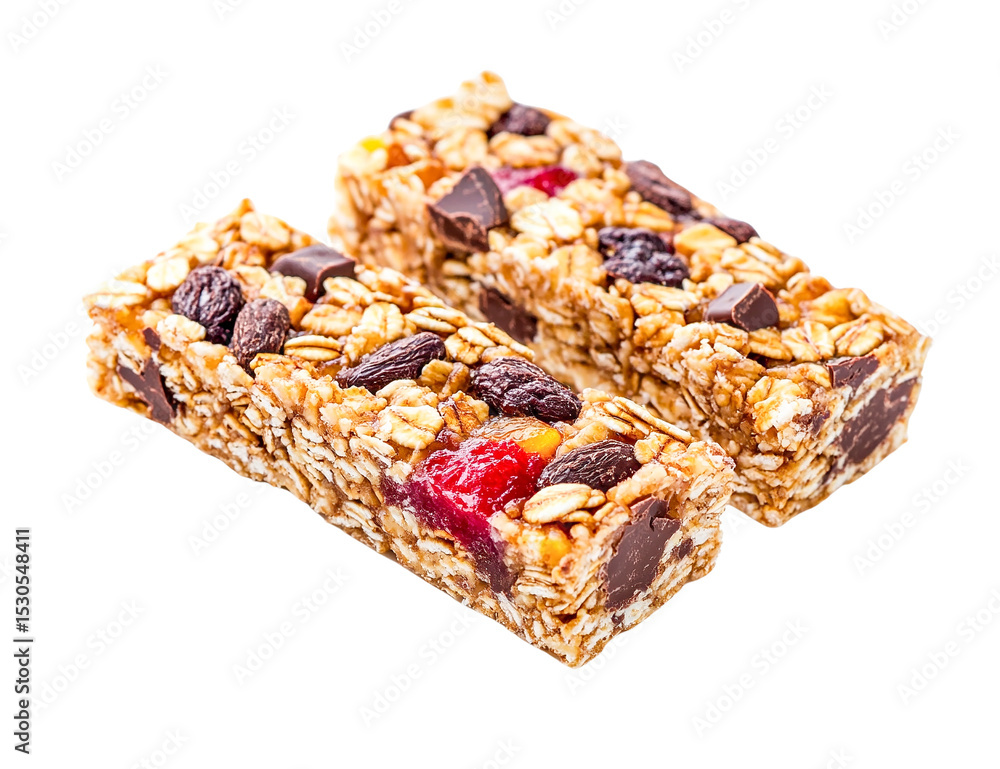 Two delicious oat granola bars with raisins, cranberries, and chocolate pieces, isolated on transparent background Two delicious oat granola bars with raisins, cranberries, and chocolate pieces, isolated on transparent background