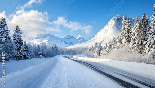 Winter landscape featuring a snowy mountain road under a blue sky