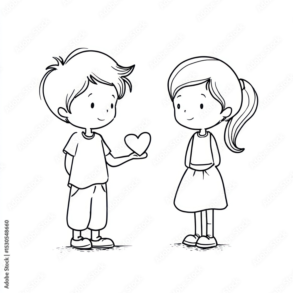 Simple Coloring Page Style Cartoon Drawing of a Boy Giving a Heart to a Girl, on a White Background Simple Coloring Page Style Cartoon Drawing of a Boy Giving a Heart to a Girl, on a White Background