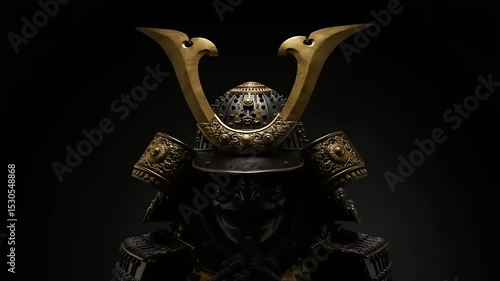 Intricately designed samurai armor with a golden helmet silhouette against a dark background