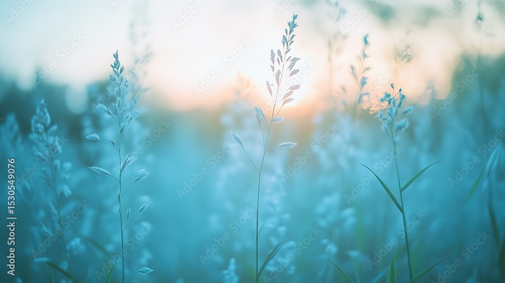Obraz premium Blurred background of tall grasses at sunset with light blue and white ethereal sky, swaying wildflowers in gentle breeze conveying tranquility and harmony with nature in high-resolution photography