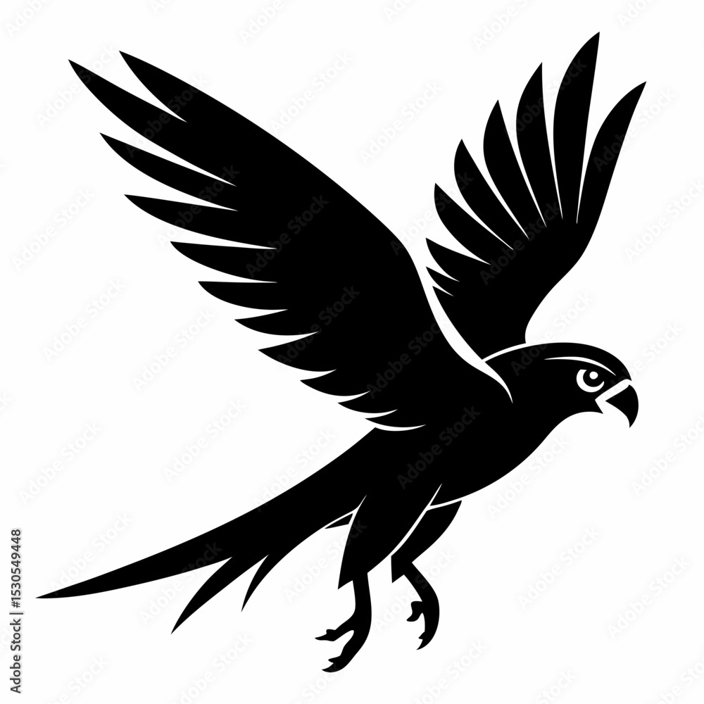 Obraz premium Falcon Silhouette in Flight Vector Illustration A soaring falcon depicted as a black silhouette against a clean white background ideal