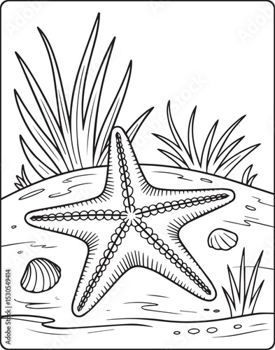 Cute and adorable starfish in ocean underwater scenery sea life outline vector line art for coloring page design