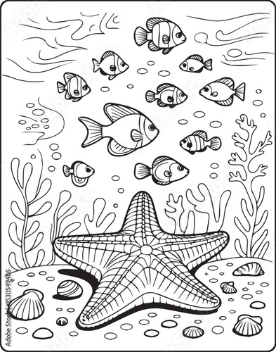 Cute and adorable starfish in ocean underwater scenery sea life outline vector line art for coloring page design