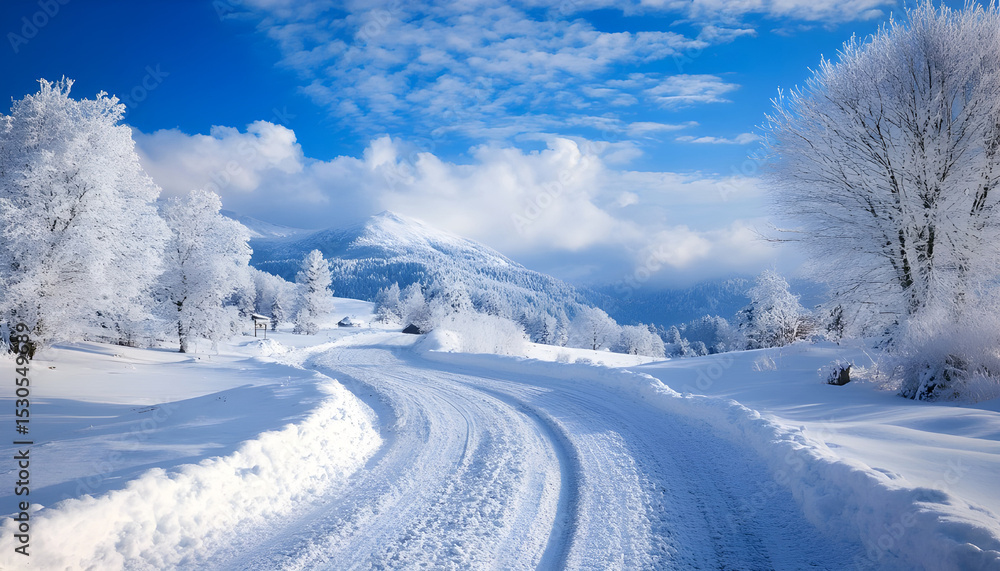 Winter landscape featuring a snowy mountain road under a blue sky Winter landscape featuring a snowy mountain road under a blue sky