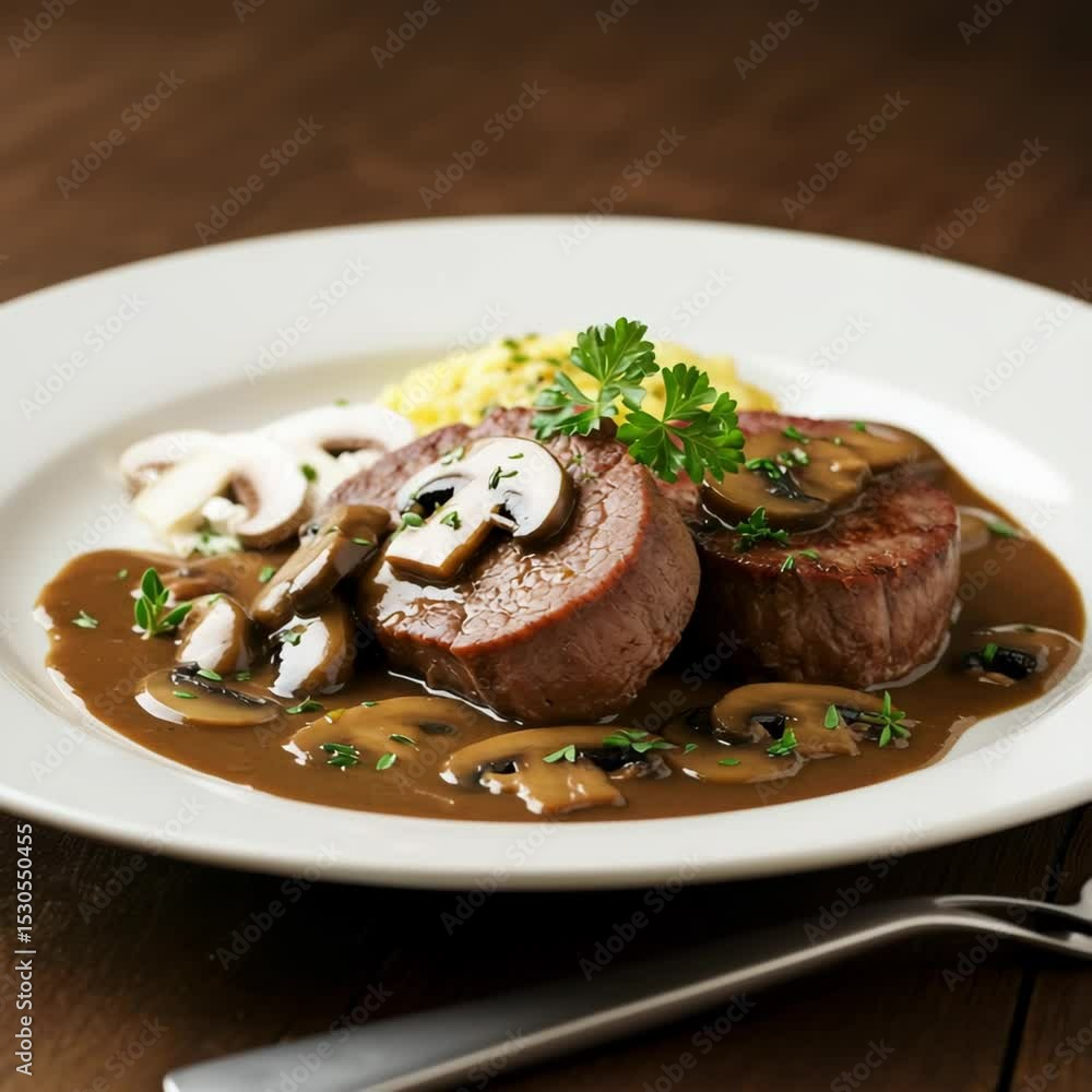 Veal medallions in mushroom sauce served on a white plate with garnish Veal medallions in mushroom sauce served on a white plate with garnish