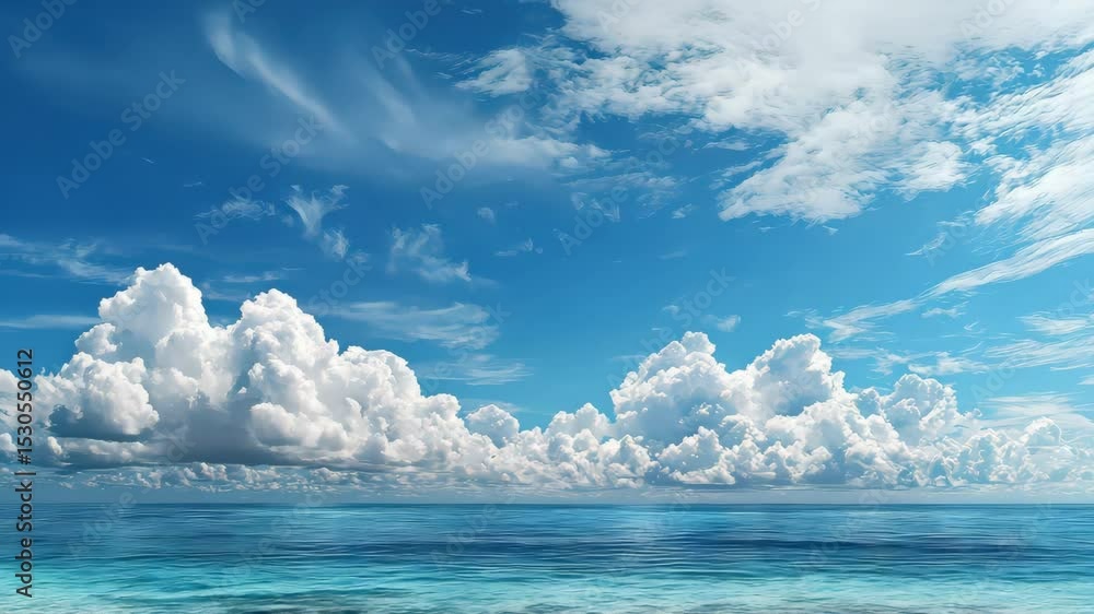 A clear blue sky with large fluffy clouds above a calm turquoise ocean, creating a serene and peaceful seascape. A clear blue sky with large fluffy clouds above a calm turquoise ocean, creating a serene and peaceful seascape.