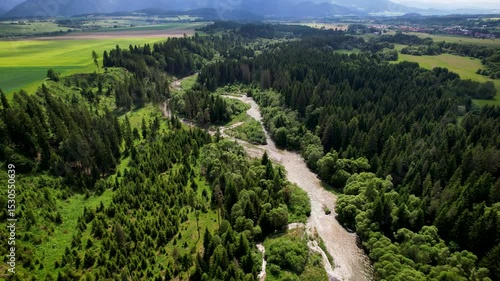 Beautiful High Tatras and wild mountain river Belá from drone perspective, high views, brathtaking Slovak nature, drone video.