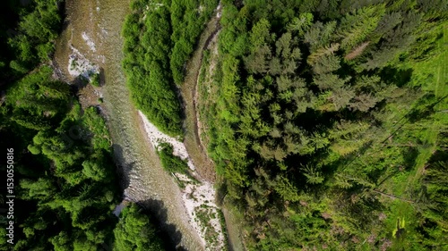 Beautiful High Tatras and wild mountain river Belá from drone perspective, high views, brathtaking Slovak nature, drone video.
