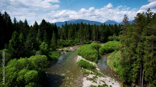 Beautiful High Tatras and river Belá from drone perspective, high views, brathtaking Slovak nature, drone video.