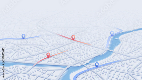 GPS navigation to pins and multiple markers on route. City map featuring directional signs, an intended goal point. Abstract plan highlights POI city streets. Vector illustration with designated route