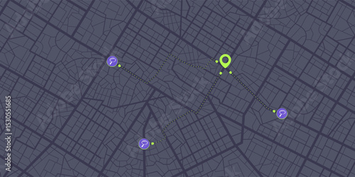 Pinpoint marker icon with search paths and POI. Road network line scheme. City streets on a top view map. Urban environment backdrop. Vector illustration.