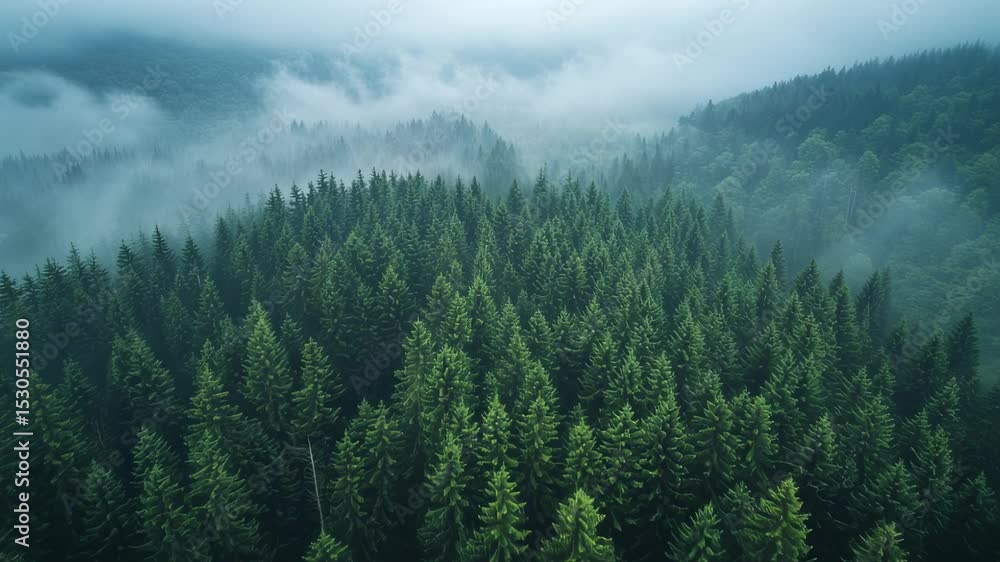 Aerial view of dense coniferous forest shrouded in ethereal fog and mist Aerial view of dense coniferous forest shrouded in ethereal fog and mist