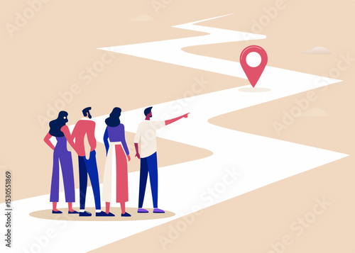Team of Professionals Looking at a Path Leading to a Destination Representing Business Strategy and Future Goals Vector Illustration