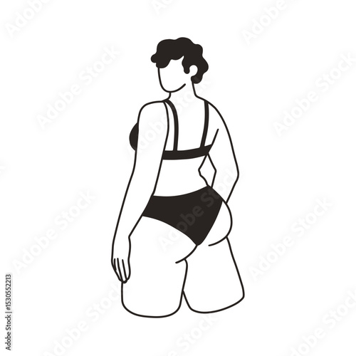 Woman in bikini from behind, back view. Female with curvy figure, body shape. Girl in lingerie, underwear, bra and panties on buttocks. Contoured flat vector illustration isolated on white background