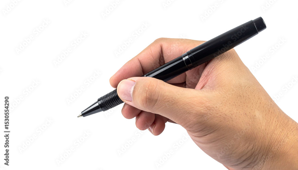 Writing hand gripping pen, poised against clear backdrop, preparing to document or sign Writing hand gripping pen, poised against clear backdrop, preparing to document or sign