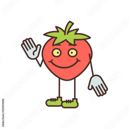 Strawberry character half turn waves his hand and smiling