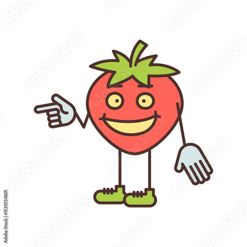 Strawberry character half turn points finger and smiling