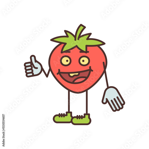 Strawberry character half turn shows thumbs up and smiling