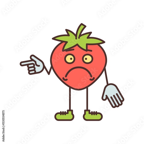 Strawberry character points finger and dissatisfied