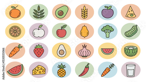 Colored Diet Icon Set on White Background

