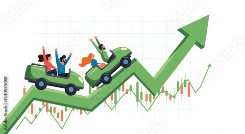 Investment volatility metaphor of riding roller coaster, financial stock market fluctuation rising up and falling down concept, people investors riding roller coaster on fluctuated market chart