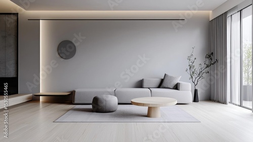 Modern living room with a minimalist design. the room has a large window on the right side, allowing natural light to enter the space.