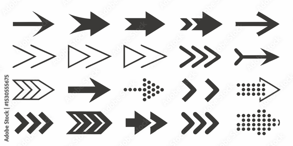 Collection of Various Arrow Designs Pointing Right Including Solid Dotted and Outline Styles on a Clean White Background for Versatile Use Collection of Various Arrow Designs Pointing Right Including Solid Dotted and Outline Styles on a Clean White Background for Versatile Use