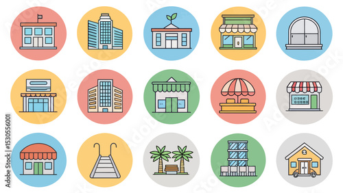 Colored Building and Storefront Icon Set for Urban, Commercial, and Real Estate Design

