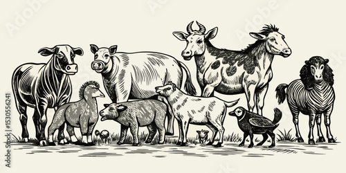 Monochrome Farm Animals Illustration Cows Horses Goats and a Bird in a Group Hand Drawn Style Vector Illustration Farm Life