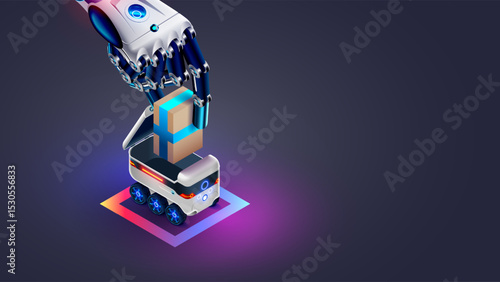AI manages the delivery of goods from an online store using autonomous robots. Automated delivery, logistics using wheeled vehicles . A cyborg hand loads a package into the back of a delivery robot.