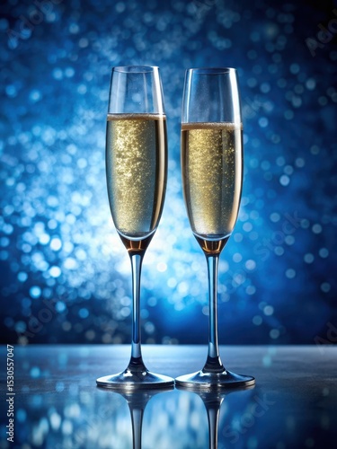 Two glasses of bubbly champagne sitting atop a crystal blue glass surface