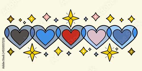 Interlocking Hearts with Sparkling Stars and Diamond Accents a Whimsical Design for Love Romance and Celebratory Occasions on a Cream Background