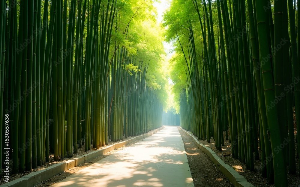 Naklejka premium Calming rhythms of a secluded walkway through vibrant bamboo groves, dappled sunlight enhancing the peaceful scene. High quality