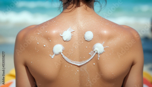 A close-up, rear view of a person's back with a smiley face drawn on it using what appears to be sunscreen  in a sandy beach is visible in the blurred background
