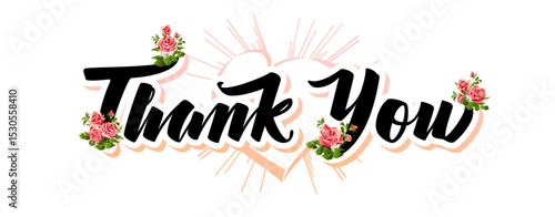 Elegant floral greeting card with text Thank You and decorative elements. Thanks card with creative pink heart and vintage roses. Social media poster. Holiday graphic design